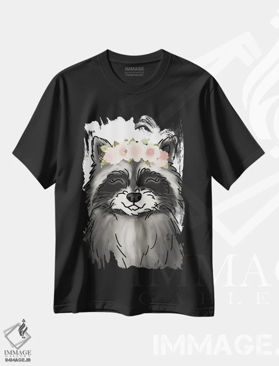 تیشرت مشکی طرح دار راکون با تاج گل، دکور معاصر اثر کیتی برایانت | immage.ir