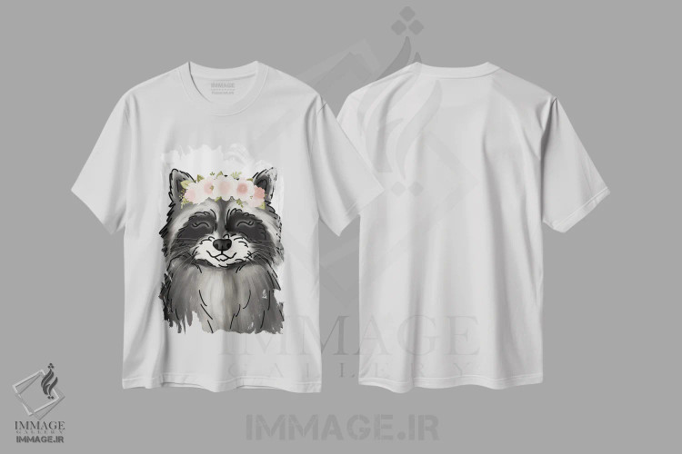 تیشرت سفید طرح دار راکون با تاج گل، دکور معاصر اثر کیتی برایانت | فروشگاه ایماژ
