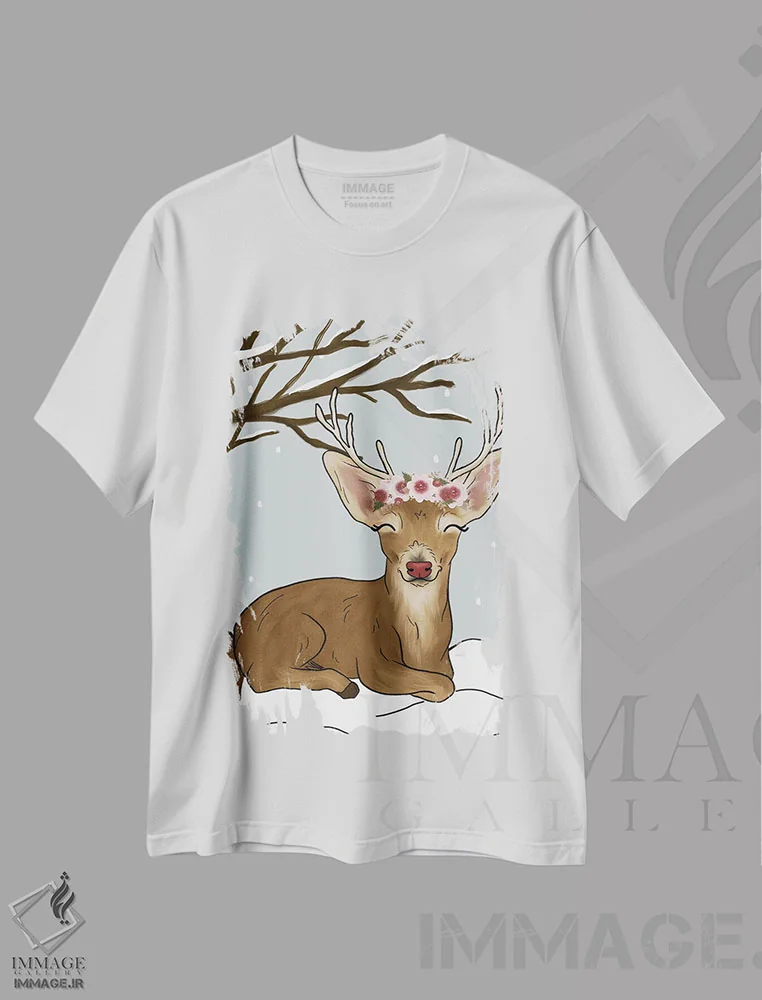 تیشرت سفید طرح دار گوزن کریسمس، دکور تعطیلات اثر کیتی برایانت | فروشگاه ایماژ