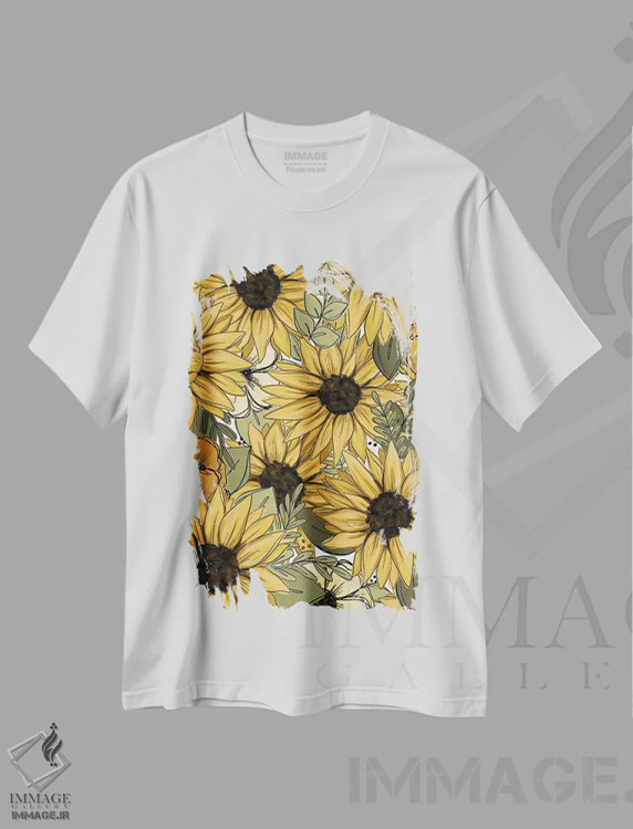 تیشرت سفید طرح دار گل های آفتابگردان طراحی شده، هنر دیجیتال اثر کیتی برایانت | immage.ir