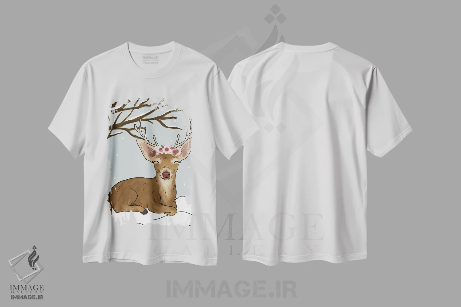 تیشرت سفید طرح دار گوزن کریسمس، دکور تعطیلات اثر کیتی برایانت | فروشگاه ایماژ