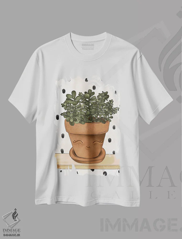 تیشرت سفید طرح دار گیاه جید خوشحال، دکور معاصر اثر کیتی برایانت | فروشگاه ایماژ