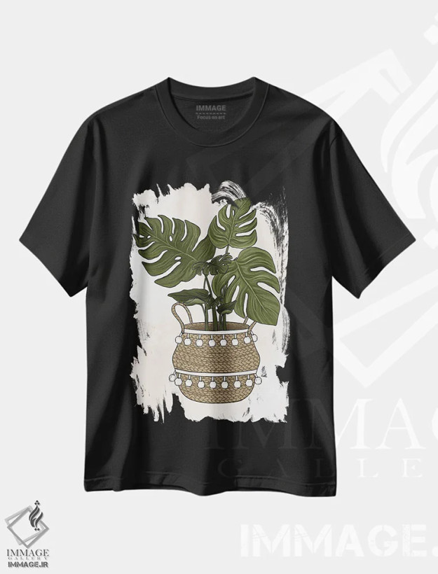 تیشرت مشکی طرح دار گیاه مانسترا، دکور معاصر اثر کیتی برایانت | فروشگاه ایماژ