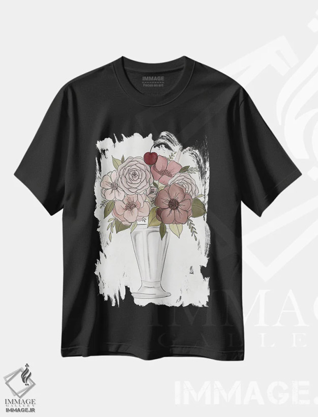 تیشرت مشکی طرح دار میلک شیک گل دار، هنر دیجیتال اثر کیتی برایانت | فروشگاه ایماژ