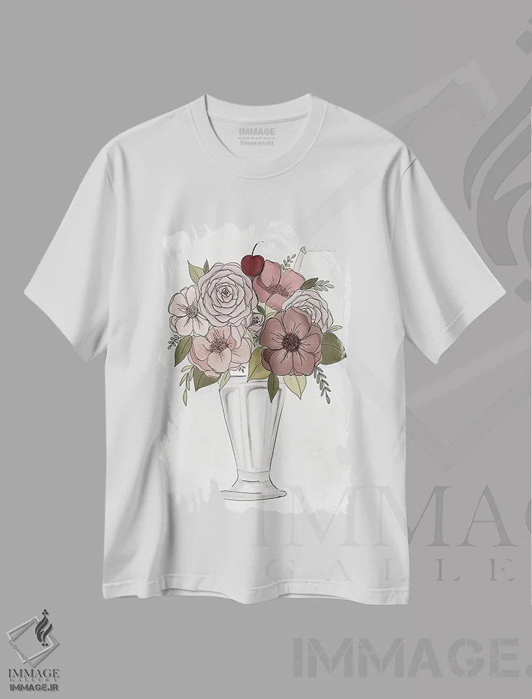 تیشرت سفید طرح دار میلک شیک گل دار، هنر دیجیتال اثر کیتی برایانت | immage.ir