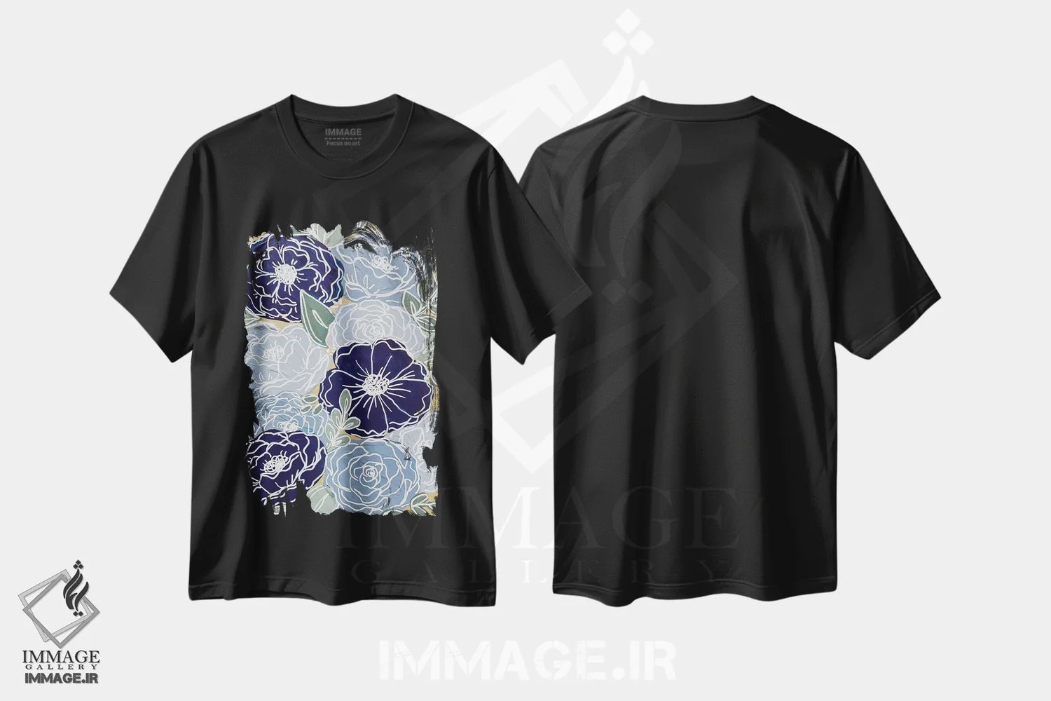 تیشرت مشکی طرح دار گل های با خط آبی، تزئینی اثر کیتی برایانت | immage.ir
