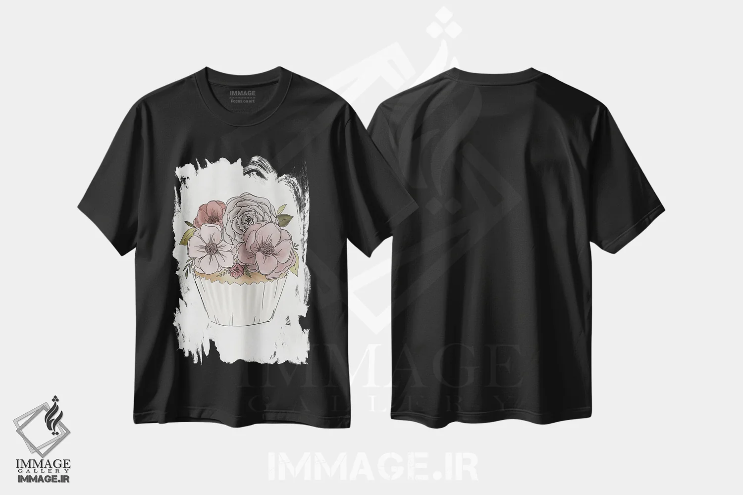 تیشرت مشکی طرح دار کاپ کیک گل دار، هنر دیجیتال اثر کیتی برایانت | فروشگاه ایماژ