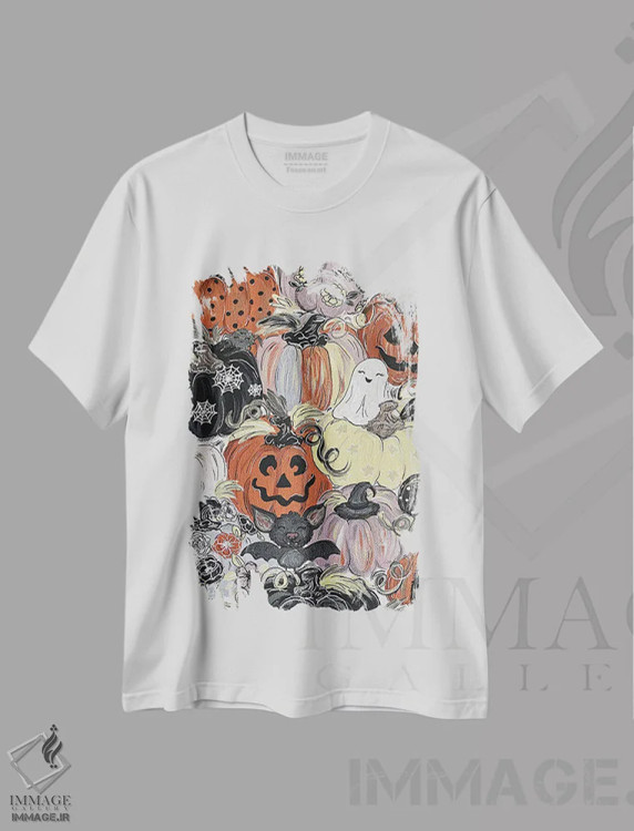 تیشرت سفید طرح دار کدوهای ترسناک با الگوی خاص، مدیوم اثر کیتی برایانت | فروشگاه ایماژ