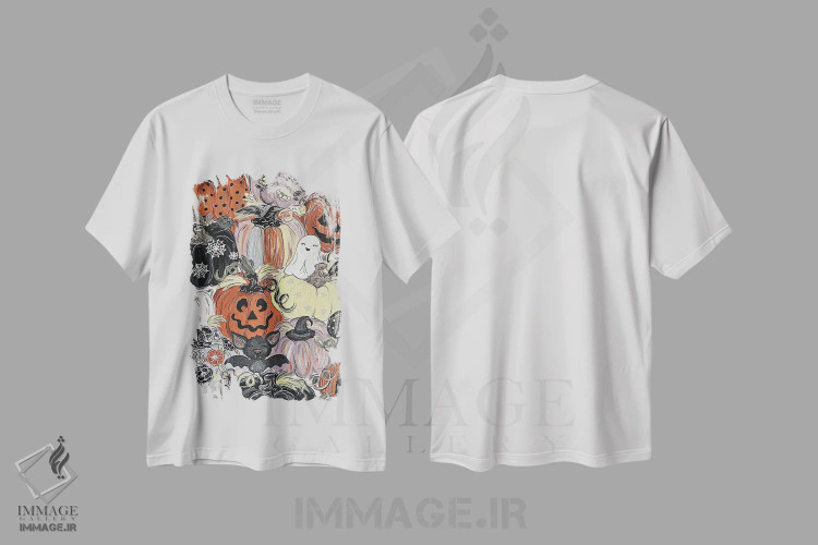 تیشرت سفید طرح دار کدوهای ترسناک با الگوی خاص، مدیوم اثر کیتی برایانت | فروشگاه ایماژ