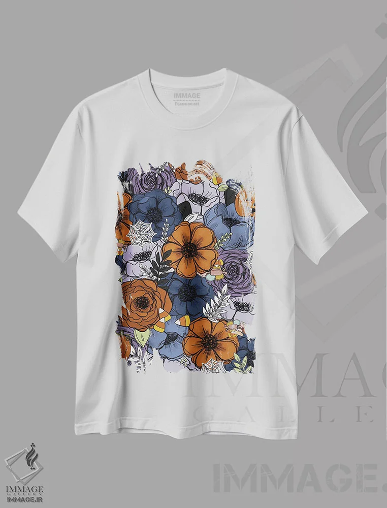 تیشرت سفید طرح دار گل های طراحی شده ترسناک، هنر دیجیتال اثر کیتی برایانت | immage.ir