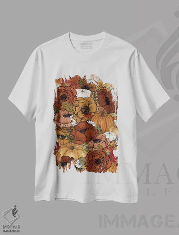تیشرت سفید طرح دار گل های پاییزی، هنر دیجیتال اثر کیتی برایانت | فروشگاه ایماژ