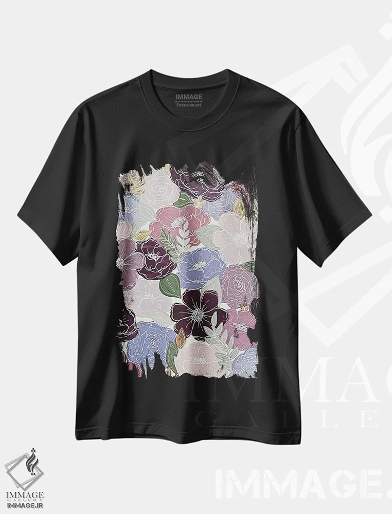 تیشرت مشکی طرح دار گل های بنفش، تزئینی اثر کیتی برایانت | فروشگاه ایماژ