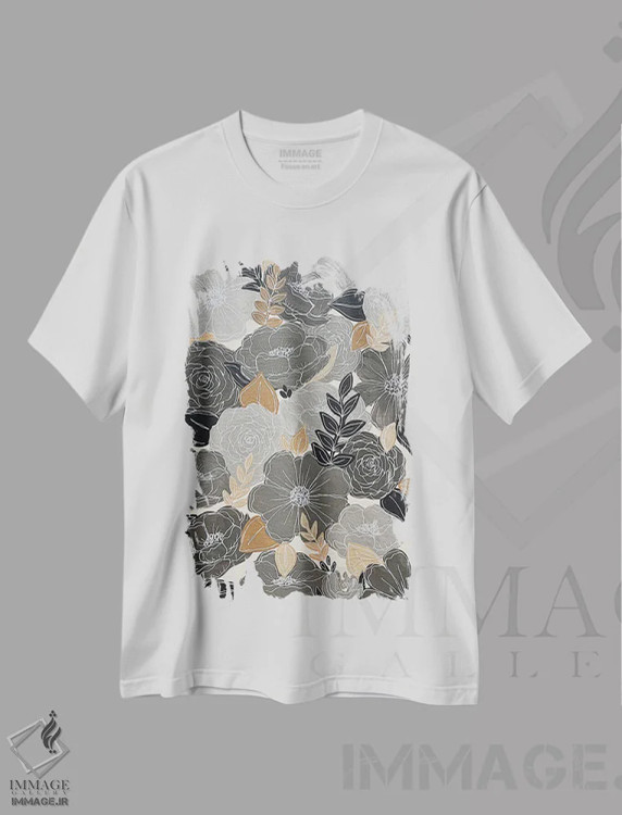 تیشرت سفید طرح دار گل های خاکستری، تزئینی اثر کیتی برایانت | فروشگاه ایماژ