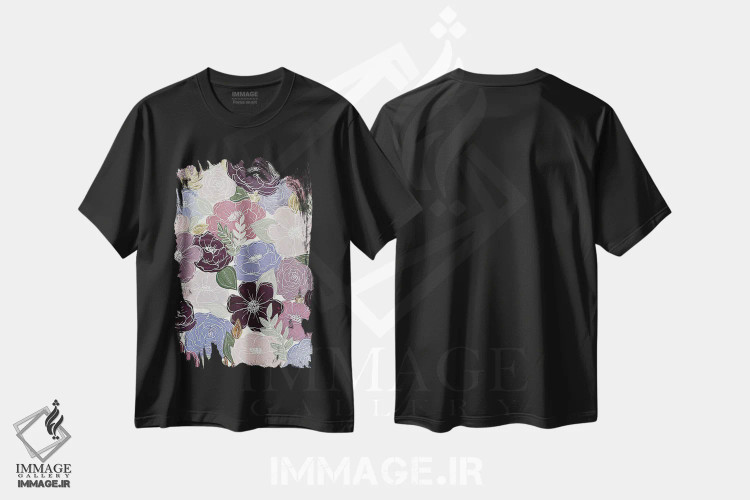 تیشرت مشکی طرح دار گل های بنفش، تزئینی اثر کیتی برایانت | فروشگاه ایماژ