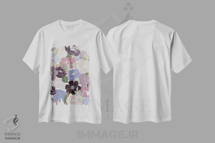 تیشرت سفید طرح دار گل های بنفش، تزئینی اثر کیتی برایانت | immage.ir