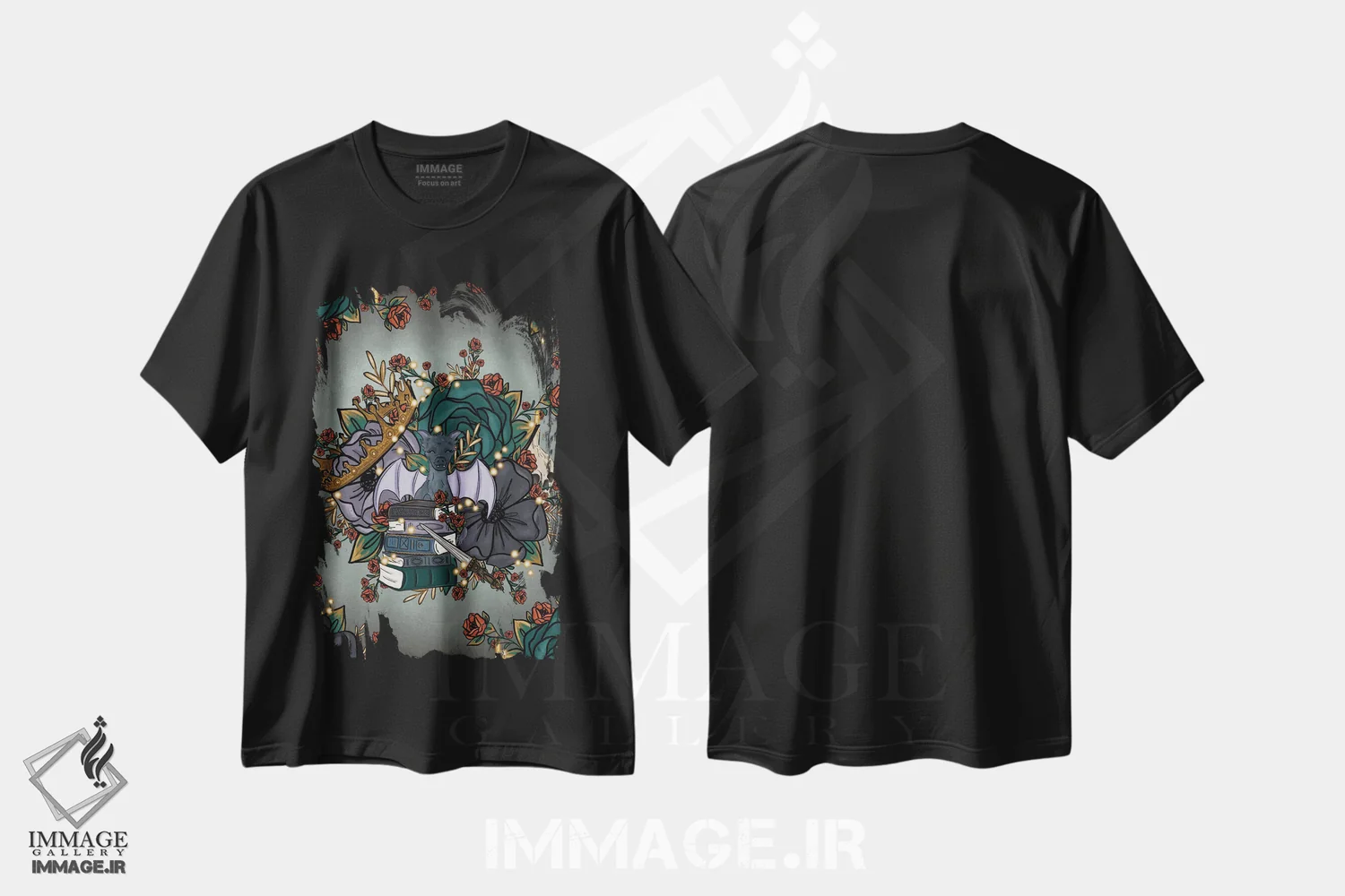 تیشرت مشکی طرح دار گل های فانتزی، هنر دیجیتال اثر کیتی برایانت | immage.ir
