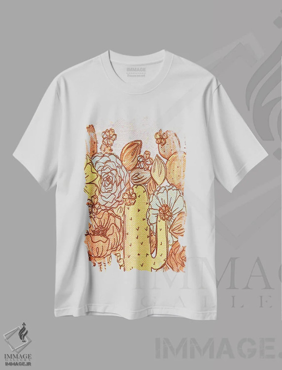 تیشرت سفید طرح دار گل های کاکتوس پاستلی، هنر دیجیتال اثر کیتی برایانت | immage.ir