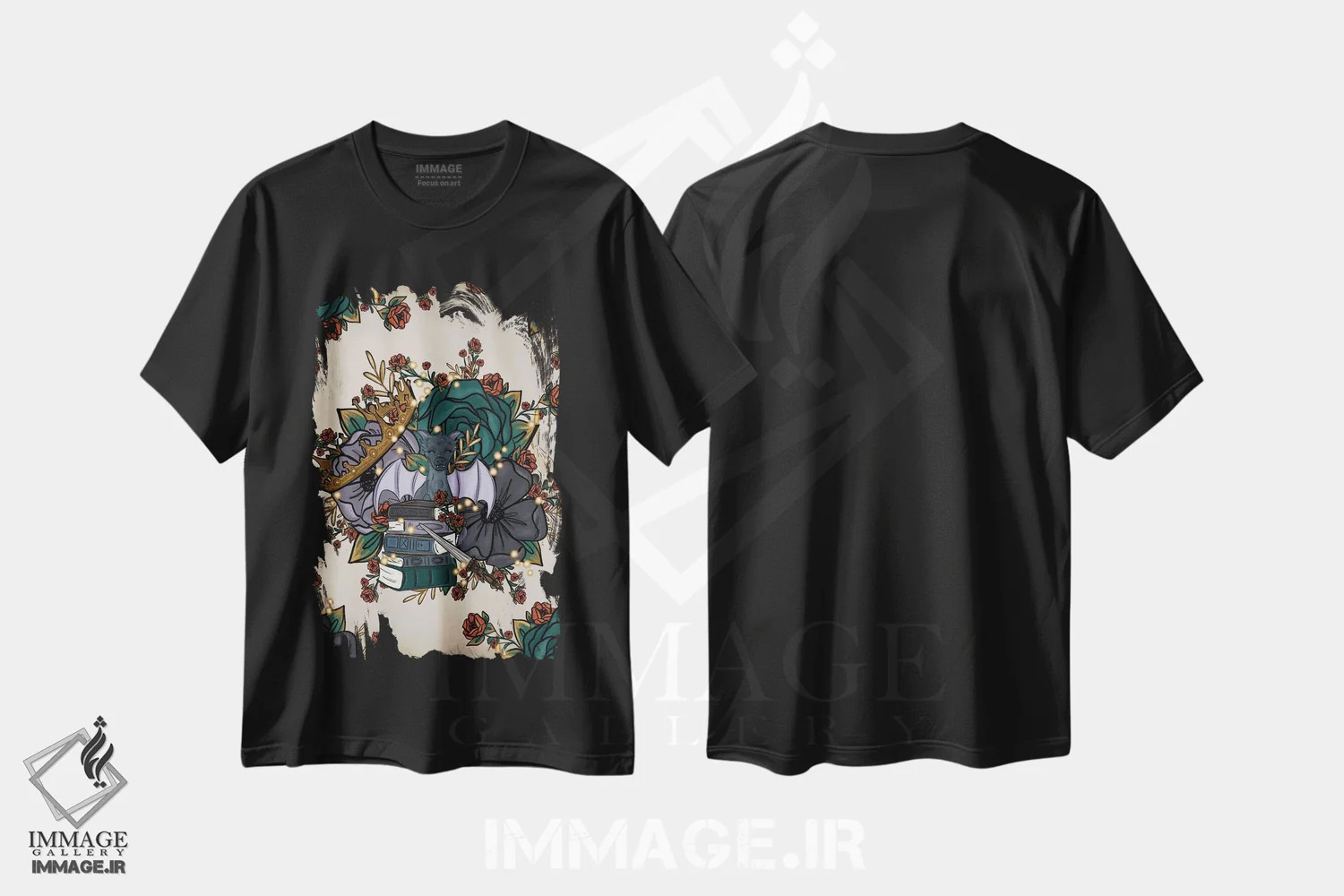 تیشرت مشکی طرح دار گل های فانتزی، هنر دیجیتال اثر کیتی برایانت | فروشگاه ایماژ