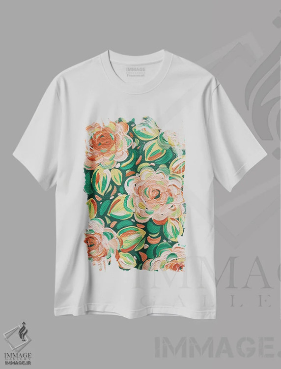 تیشرت سفید طرح دار گل های مرکباتی، هنر دیجیتال اثر کیتی برایانت | فروشگاه ایماژ