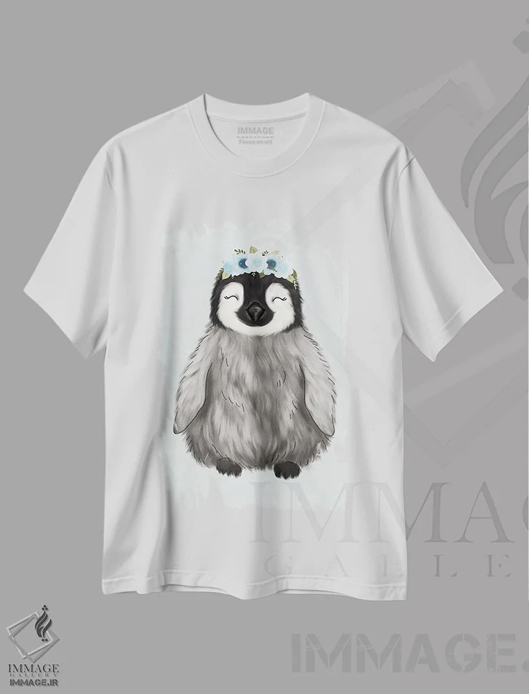 تیشرت سفید طرح دار پنگوئن نوزاد با تاج گل، دکور معاصر اثر کیتی برایانت | فروشگاه ایماژ