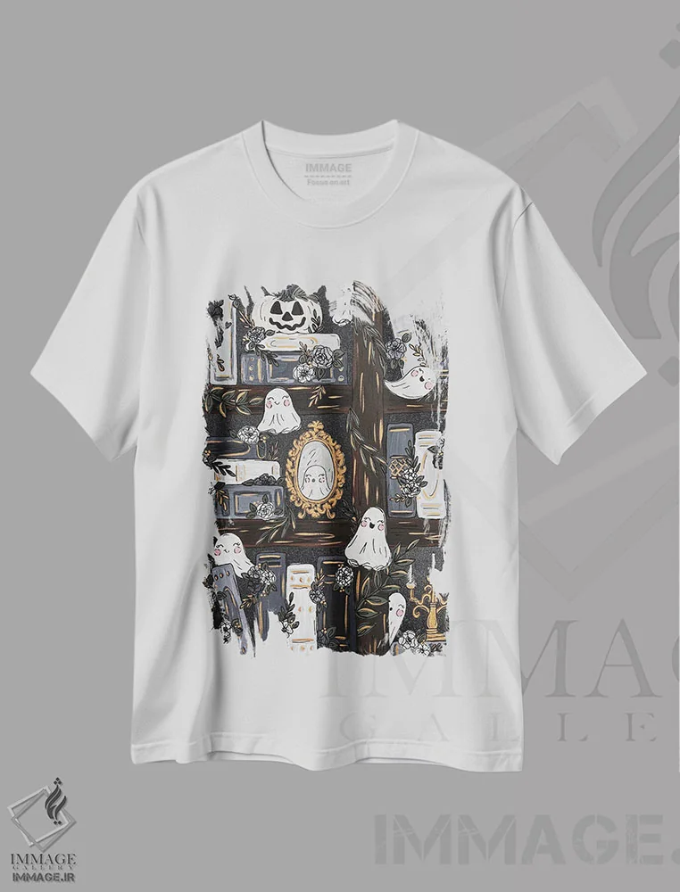 تیشرت سفید طرح دار کتابخانه تسخیرشده، مدیوم اثر کیتی برایانت | immage.ir