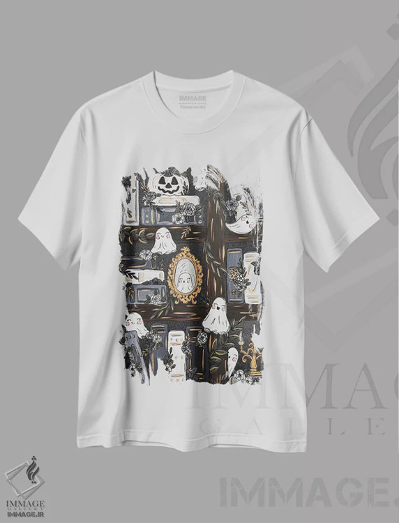تیشرت سفید طرح دار کتابخانه تسخیرشده، مدیوم اثر کیتی برایانت | immage.ir