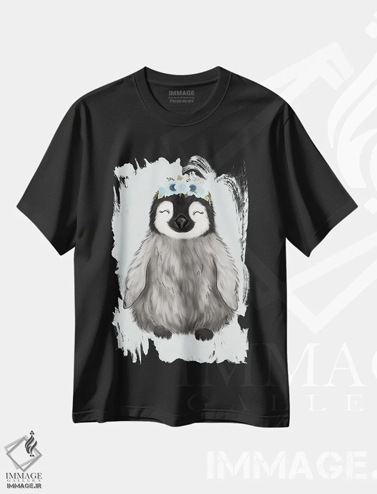 تیشرت مشکی طرح دار پنگوئن نوزاد با تاج گل، دکور معاصر اثر کیتی برایانت | immage.ir