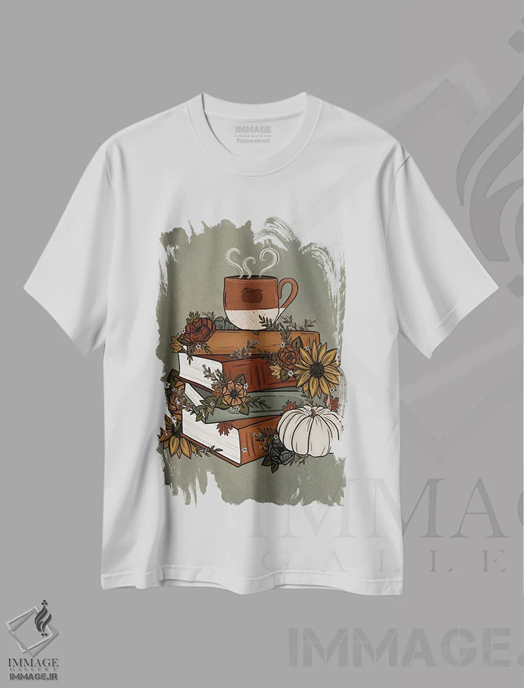 تیشرت سفید طرح دار دسته کتاب با طعم کدو ادویه دار، دکور تعطیلات اثر کیتی برایانت | فروشگاه ایماژ