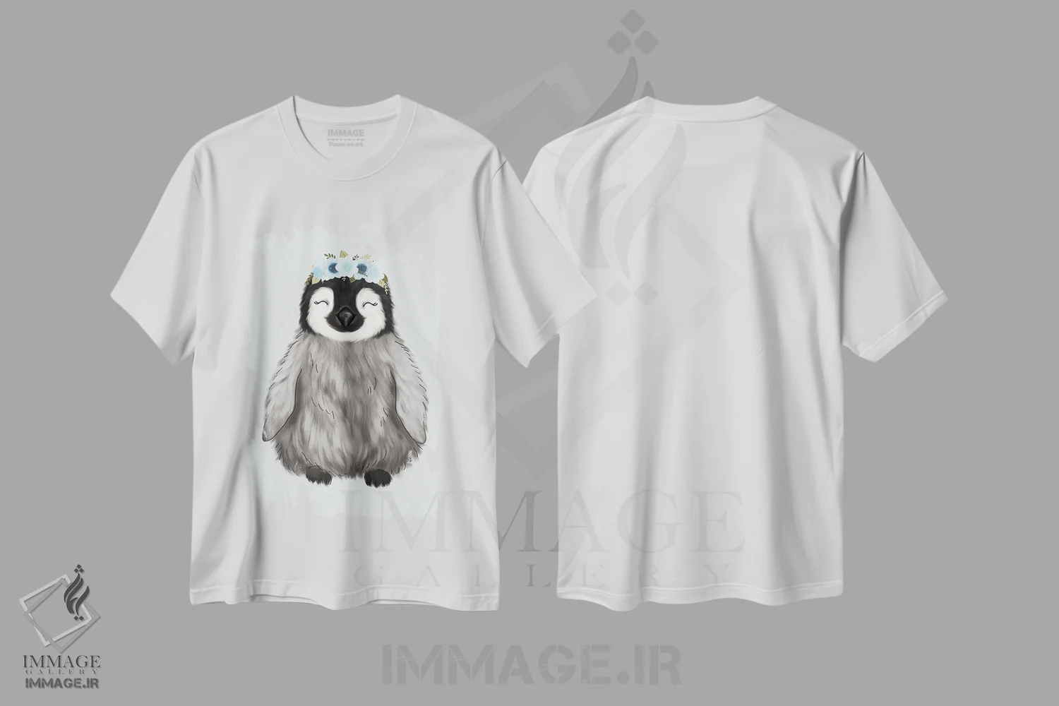 تیشرت سفید طرح دار پنگوئن نوزاد با تاج گل، دکور معاصر اثر کیتی برایانت | فروشگاه ایماژ