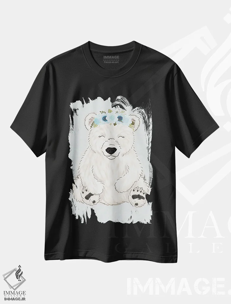 تیشرت مشکی طرح دار خرس قطبی با تاج گل، دکور معاصر اثر کیتی برایانت | فروشگاه ایماژ