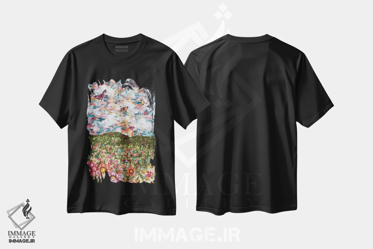 تیشرت مشکی طرح دار باغ انتزاعی با پروانه ها، مدیوم اثر کیتی برایانت | immage.ir