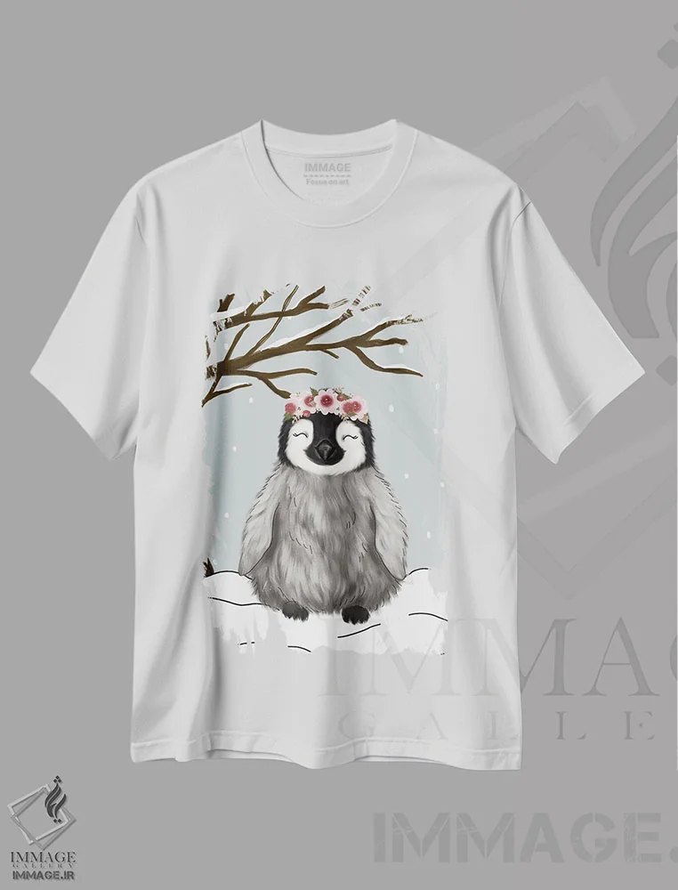 تیشرت سفید طرح دار پنگوئن زمستانی، دکور تعطیلات اثر کیتی برایانت | فروشگاه ایماژ