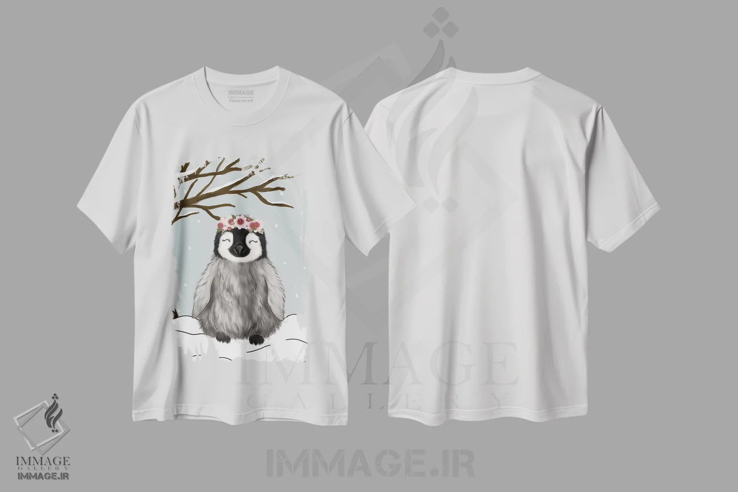 تیشرت سفید طرح دار پنگوئن زمستانی، دکور تعطیلات اثر کیتی برایانت | فروشگاه ایماژ