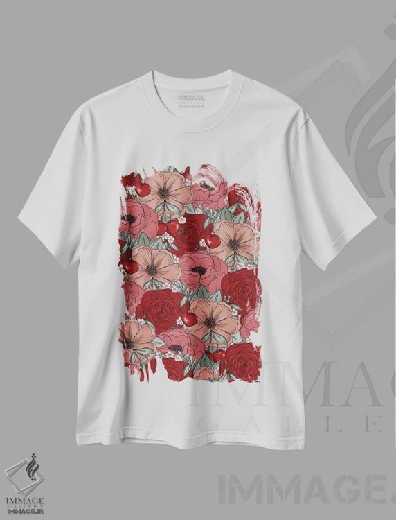 تیشرت سفید طرح دار گل های طراحی شده گیلاس، تزئینی اثر کیتی برایانت | فروشگاه ایماژ
