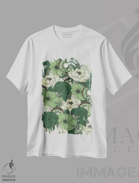 تیشرت سفید طرح دار گل های طراحی شده کیوی، تزئینی اثر کیتی برایانت | immage.ir