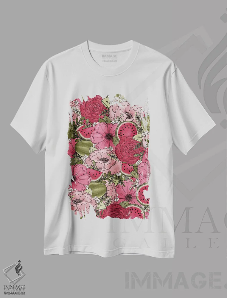 تیشرت سفید طرح دار گل های طراحی شده هندوانه، تزئینی اثر کیتی برایانت | فروشگاه ایماژ