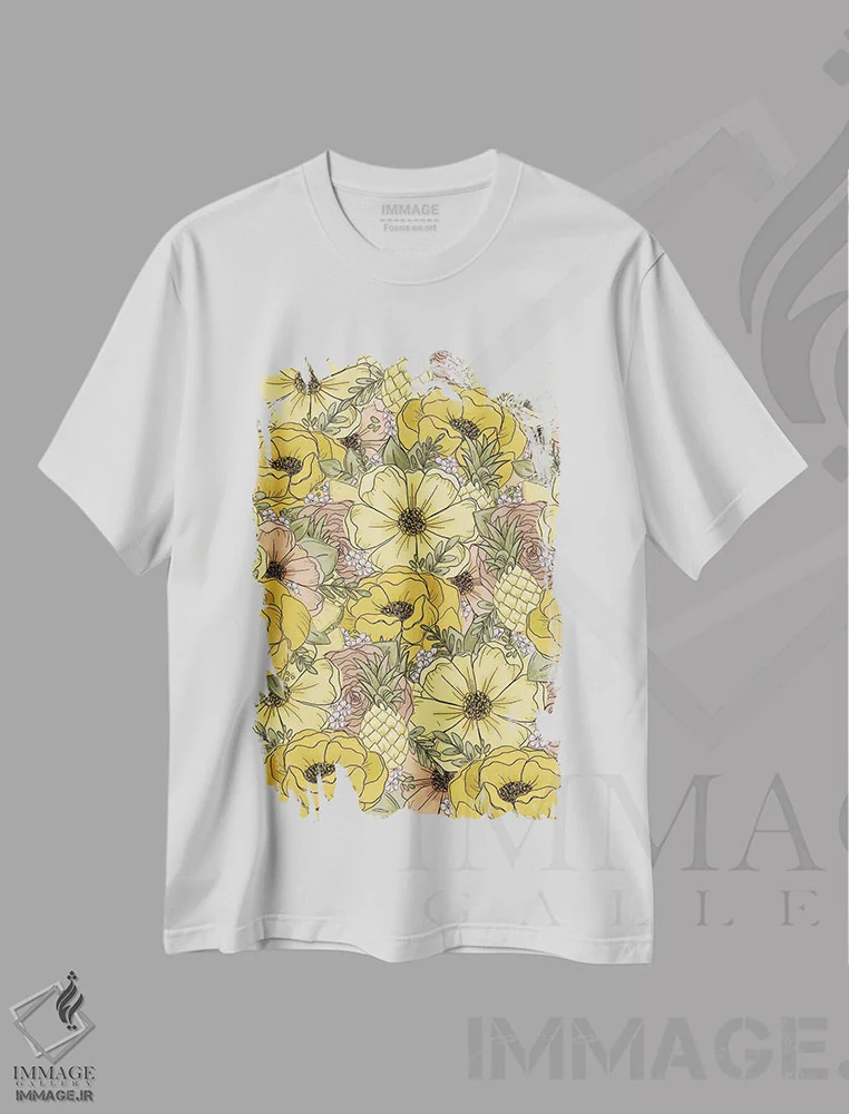 تیشرت سفید طرح دار گل های طراحی شده آناناس، تزئینی اثر کیتی برایانت | فروشگاه ایماژ