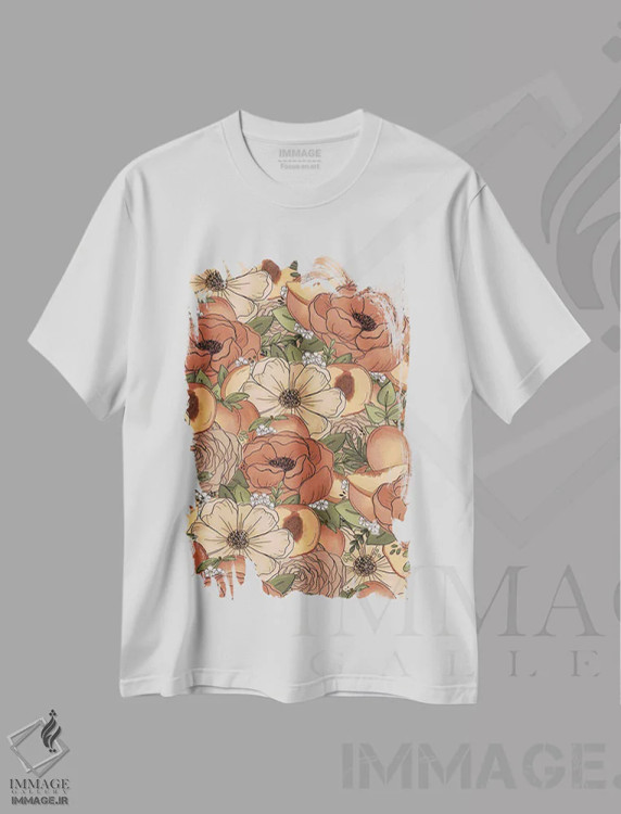 تیشرت سفید طرح دار گل های طراحی شده هلو، تزئینی اثر کیتی برایانت | immage.ir