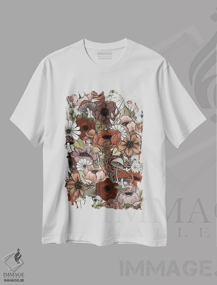 تیشرت سفید طرح دار گل های جنگلی، هنر دیجیتال اثر کیتی برایانت | فروشگاه ایماژ