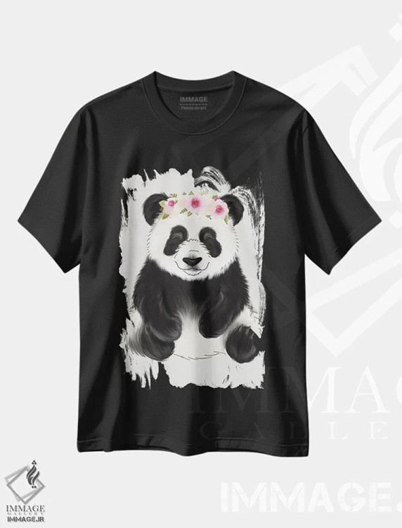 تیشرت مشکی طرح دار پاندای نوزاد با تاج گل، هنر دیجیتال اثر کیتی برایانت | فروشگاه ایماژ