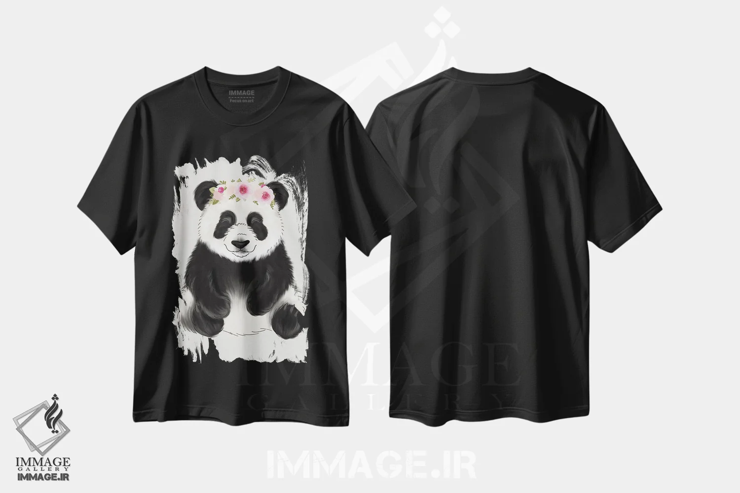 تیشرت مشکی طرح دار پاندای نوزاد با تاج گل، هنر دیجیتال اثر کیتی برایانت | فروشگاه ایماژ