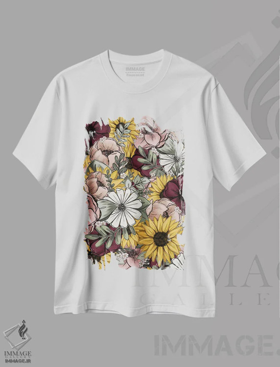 تیشرت سفید طرح دار ترکیب گل ها، هنر دیجیتال اثر کیتی برایانت | فروشگاه ایماژ