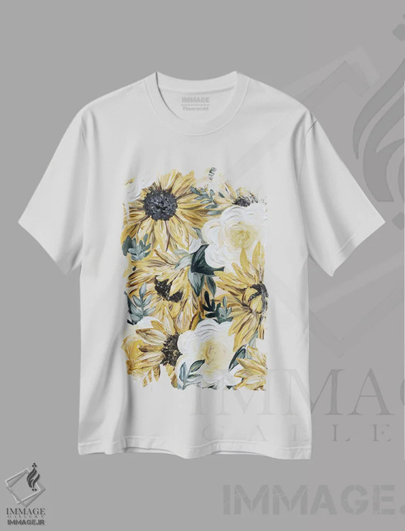 تیشرت سفید طرح دار گل های آفتابگردان، تزئینی اثر کیتی برایانت | فروشگاه ایماژ