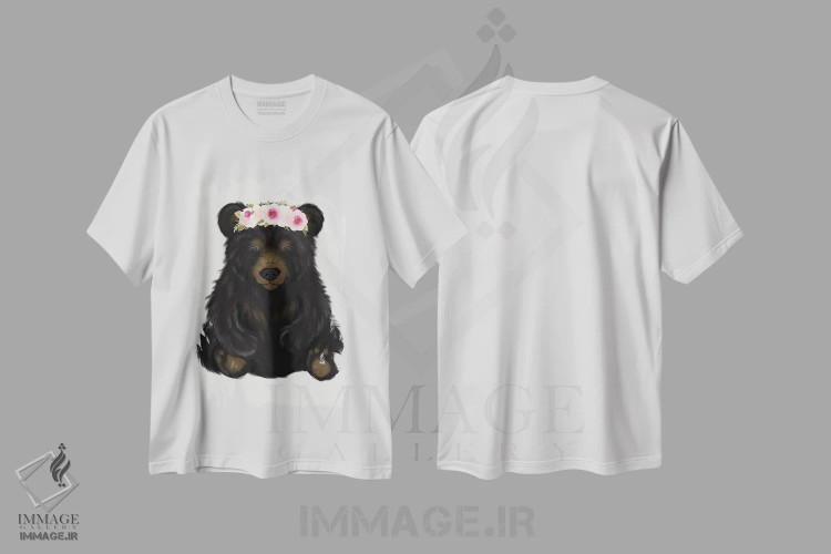 تیشرت سفید طرح دار خرس سیاه نوزاد با تاج گل، دکور معاصر اثر کیتی برایانت | فروشگاه ایماژ
