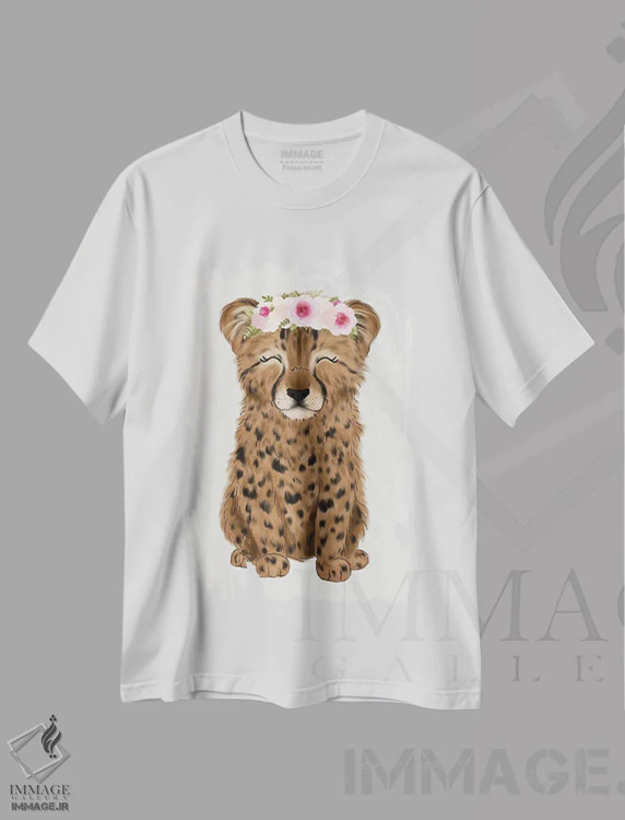 تیشرت سفید طرح دار یوزپلنگ بچه با تاج گل، دکور معاصر اثر کیتی برایانت | فروشگاه ایماژ