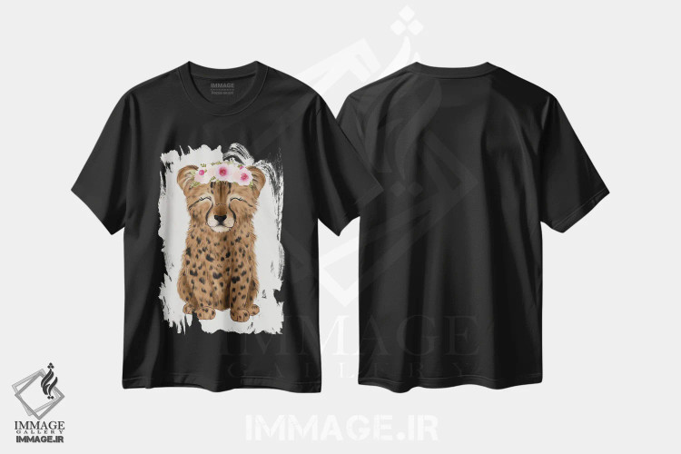 تیشرت مشکی طرح دار یوزپلنگ بچه با تاج گل، دکور معاصر اثر کیتی برایانت | immage.ir