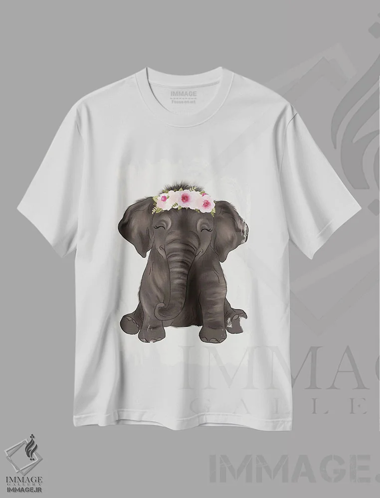 تیشرت سفید طرح دار فیل بچه با تاج گل، دکور معاصر اثر کیتی برایانت | فروشگاه ایماژ