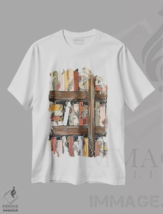 تیشرت سفید طرح دار باغچه قفسه کتاب، تزئینی اثر کیتی برایانت | immage.ir
