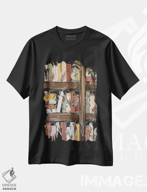 تیشرت مشکی طرح دار باغچه قفسه کتاب، تزئینی اثر کیتی برایانت | فروشگاه ایماژ