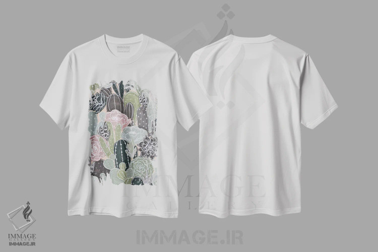 تیشرت سفید طرح دار گل های کاکتوس با خط سفید، دکور بوهمی اثر کیتی برایانت | فروشگاه ایماژ